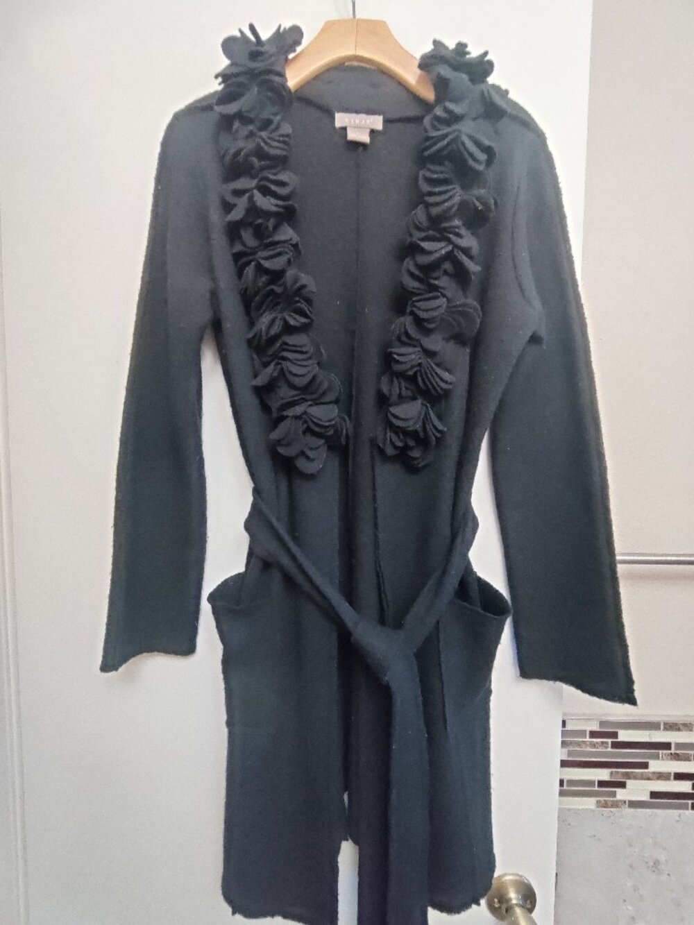 Kenar SZ-S 3D Applique Floral Boucle 100% Wool Cardigan Coat in BLACK
